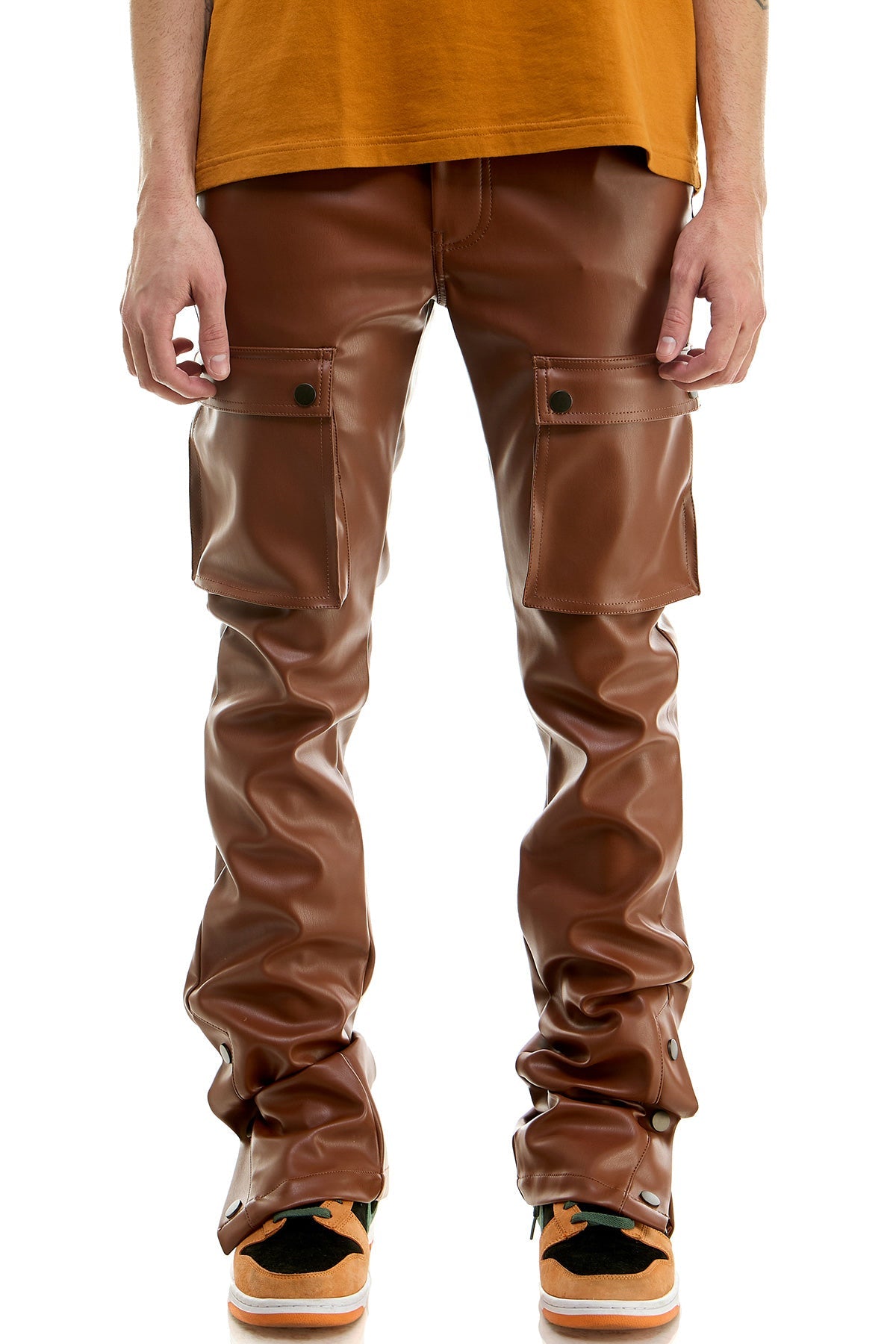 STACKED LEATHER SNAP PANTS