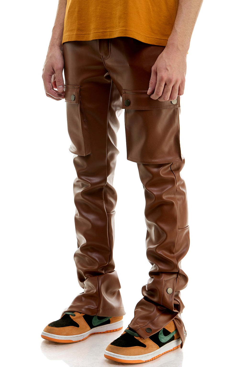 STACKED LEATHER SNAP PANTS