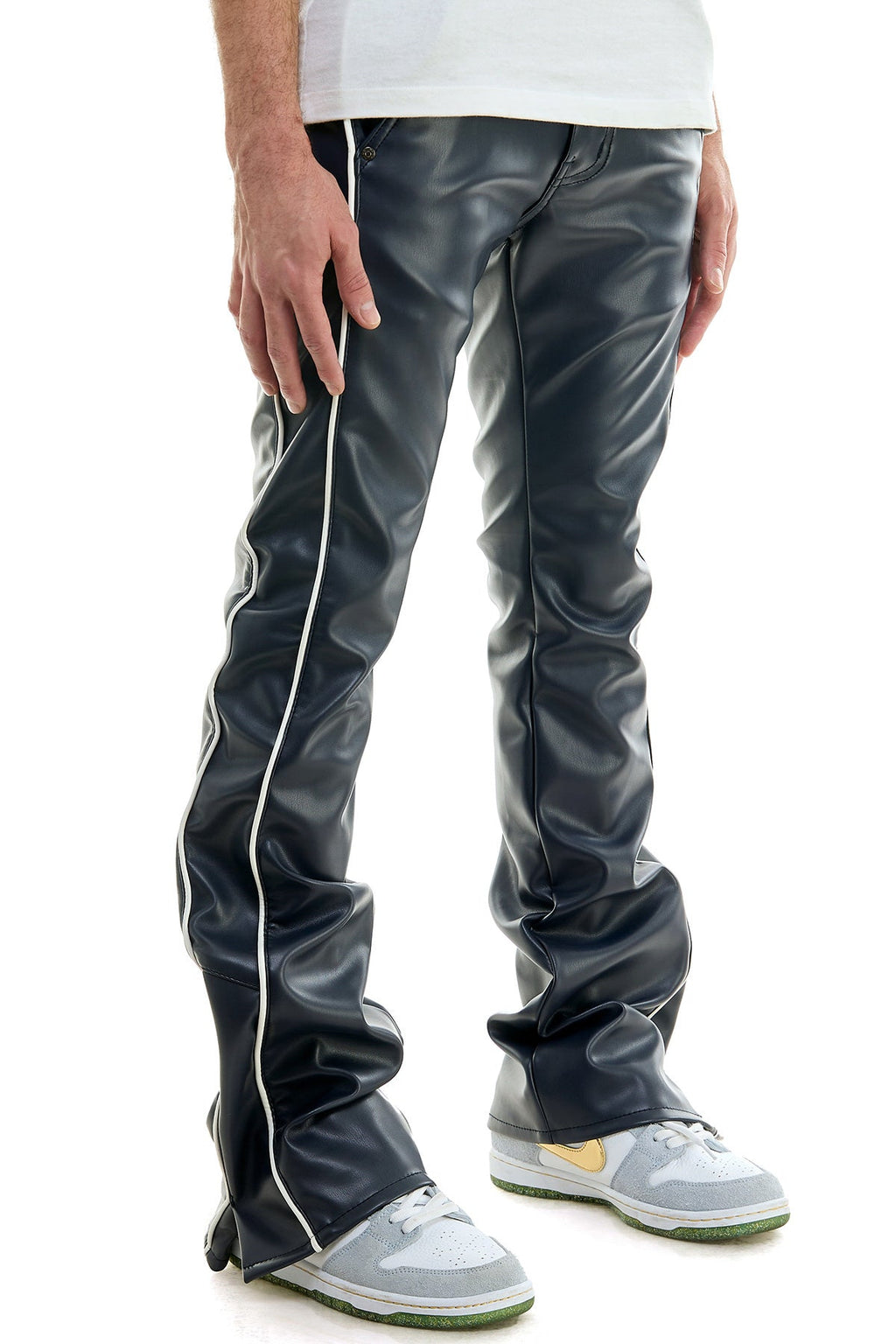 PIPED LEATHER FLARE PANTS