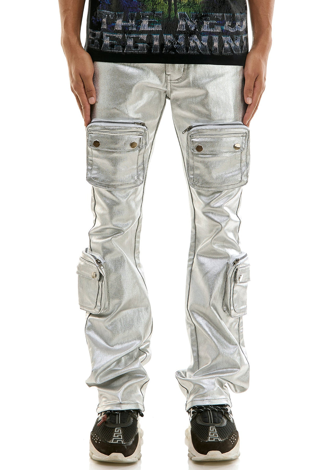SILVER CARGO SKINNY FLARE JEANS