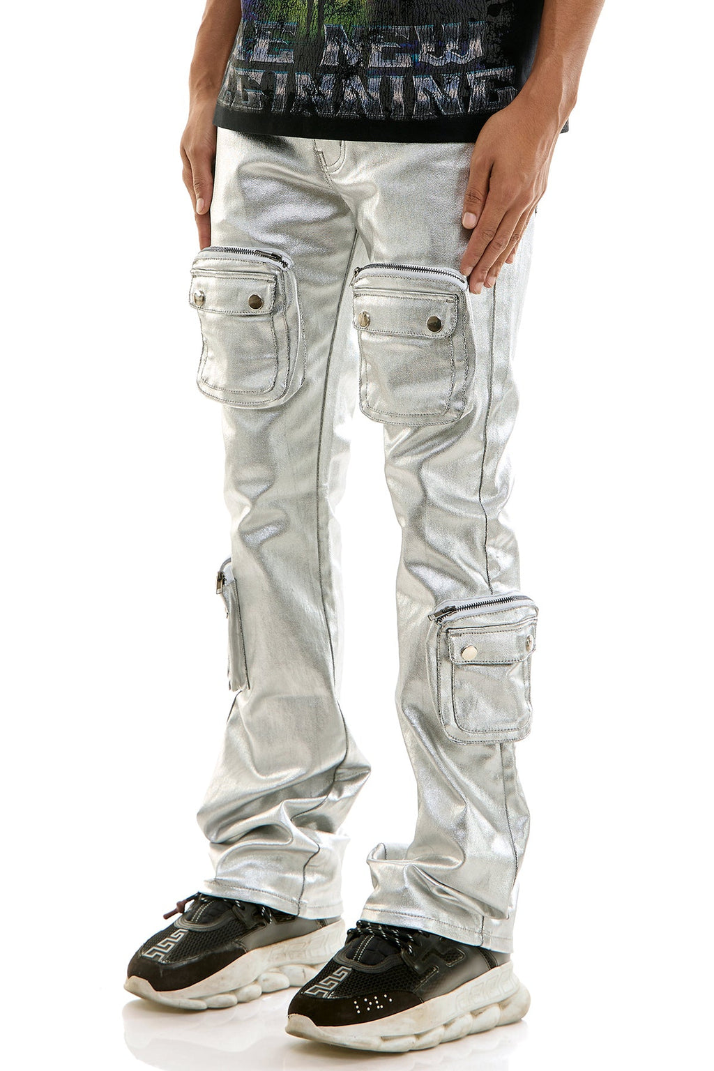 SILVER CARGO SKINNY FLARE JEANS