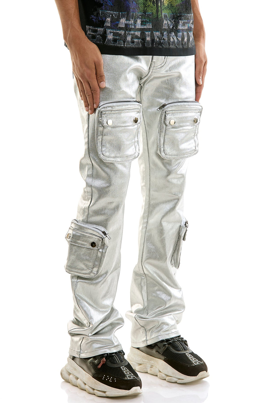SILVER CARGO SKINNY FLARE JEANS