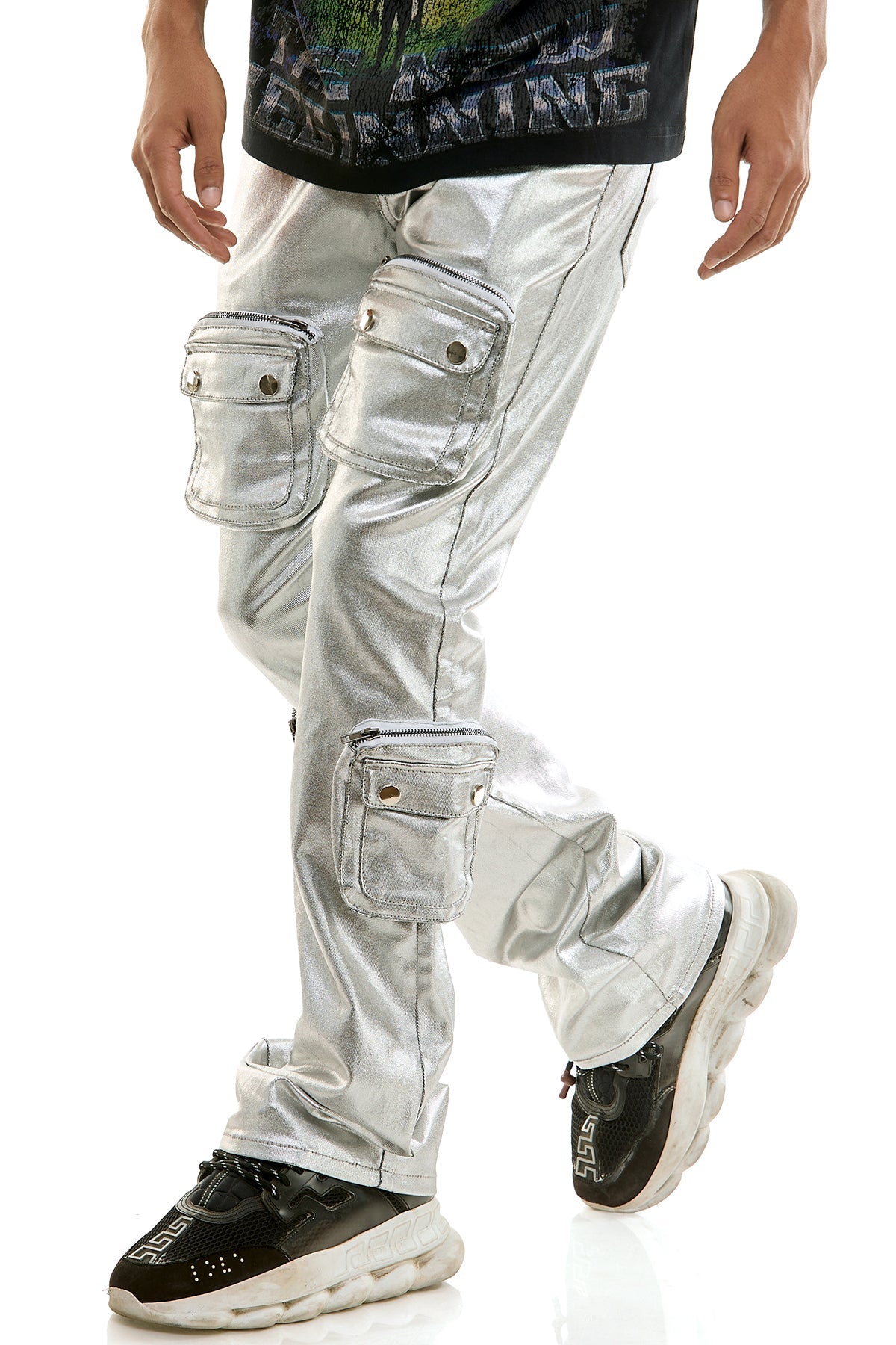 SILVER CARGO SKINNY FLARE JEANS