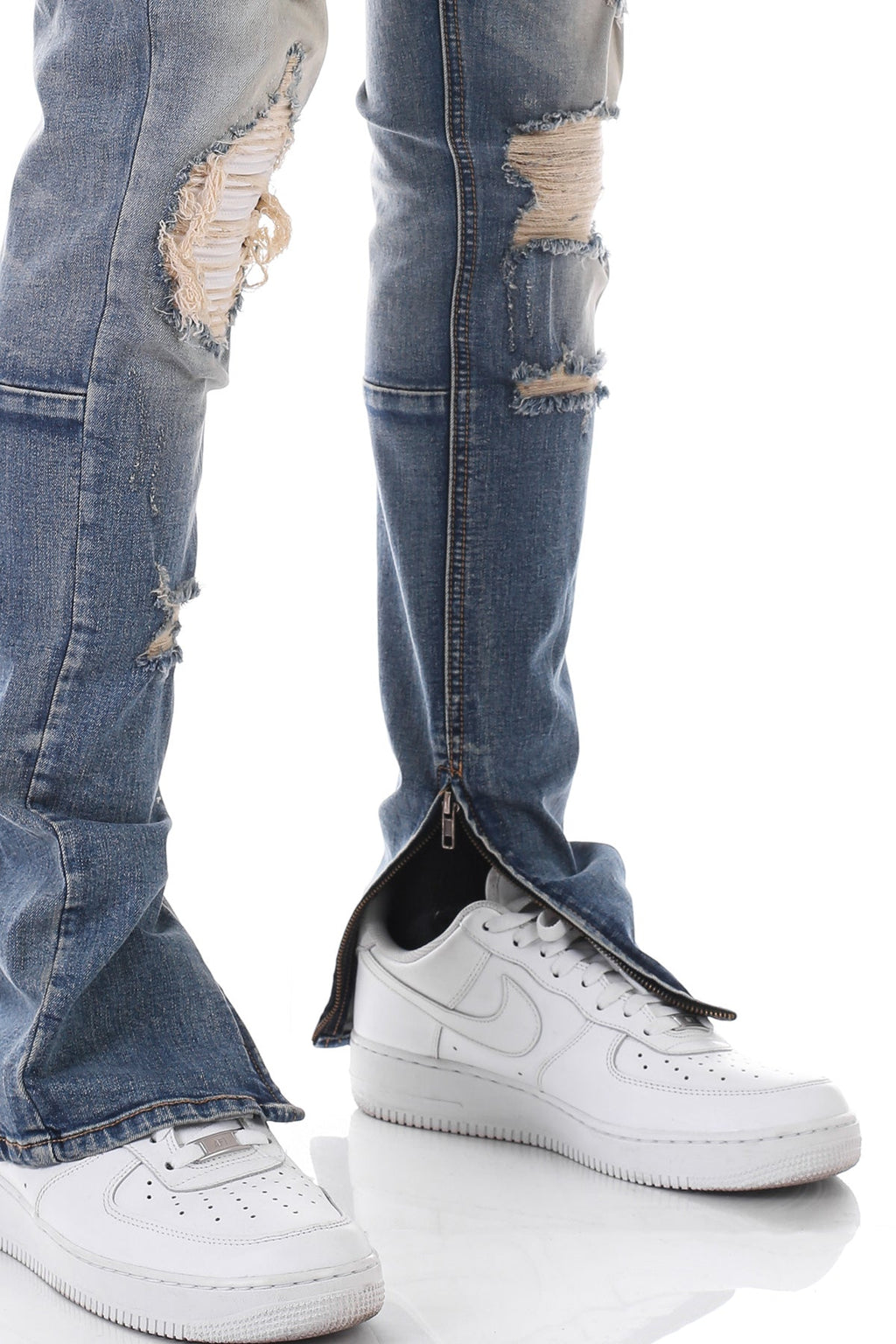 SMOCKED PU ANKLE ZIP JEANS