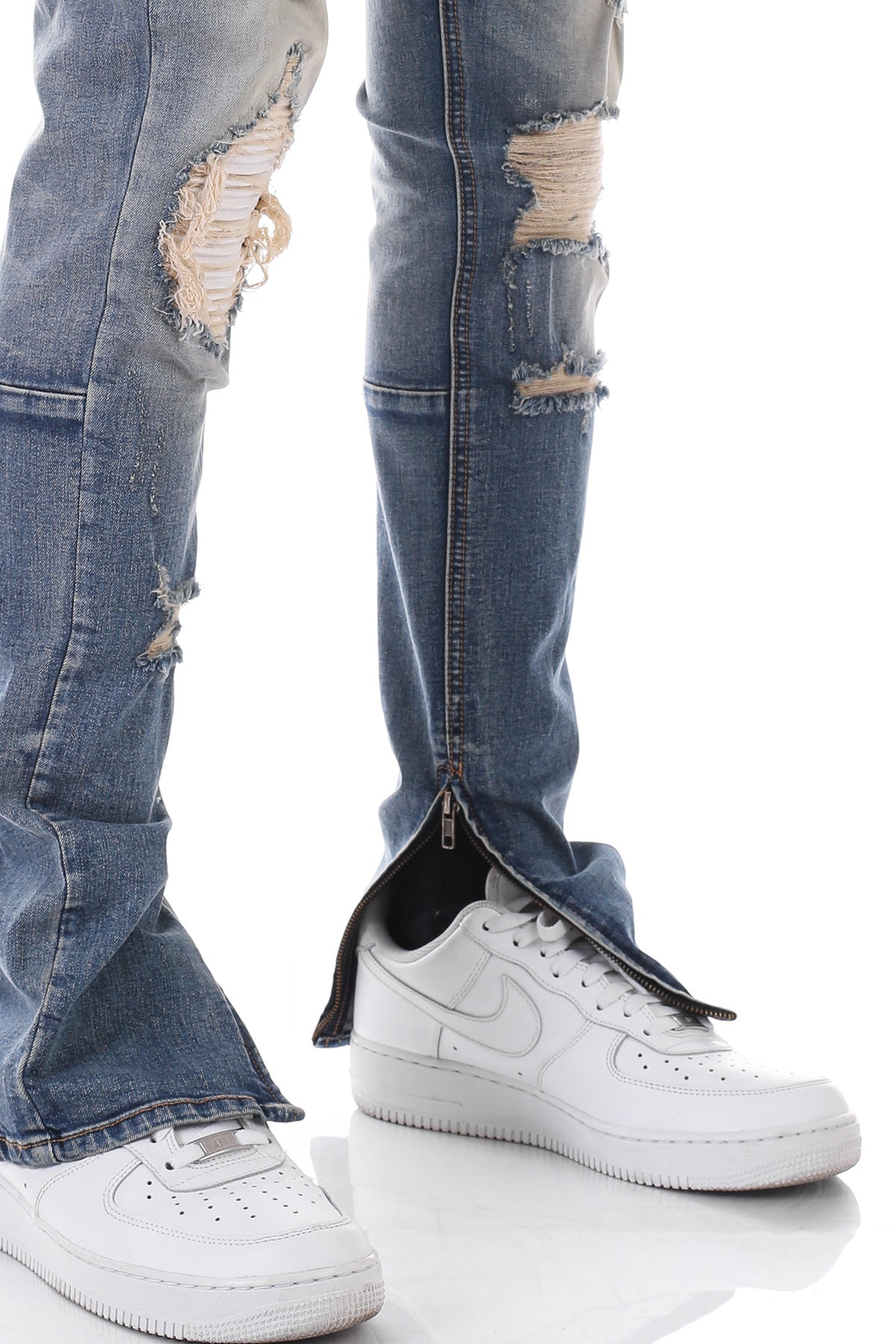 SMOCKED PU ANKLE ZIP JEANS